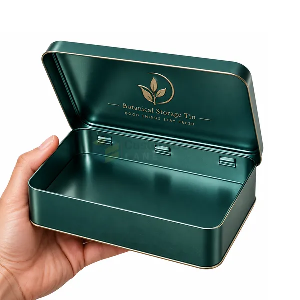 printed rectangular tin box with hinged lid